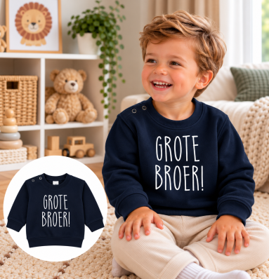 Blauwe sweater / Trui met witte tekst: Grote broer